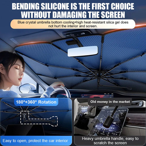 Car Sunshade Windshield Umbrella with 360°Rotation Bendable Handle